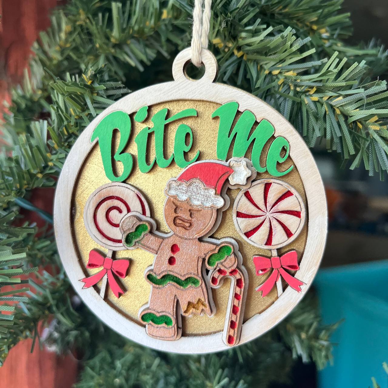 “Bite Me” Gingerbread Ornament – 3.25" Round Layered Wood Funny Christmas Tree Decor – Sassy Holiday Ornament