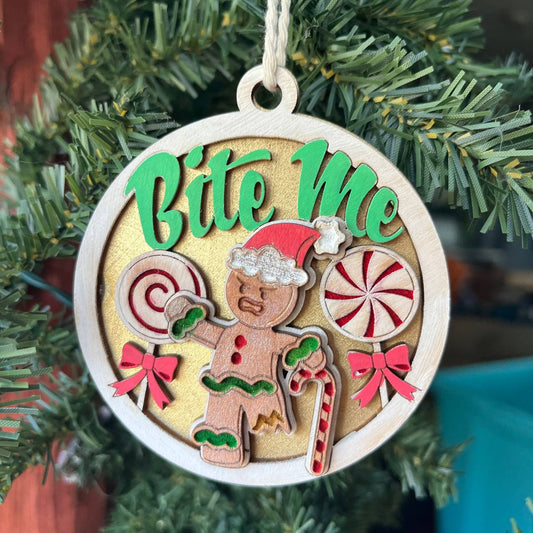 “Bite Me” Gingerbread Ornament – 3.25" Round Layered Wood Funny Christmas Tree Decor – Sassy Holiday Ornament
