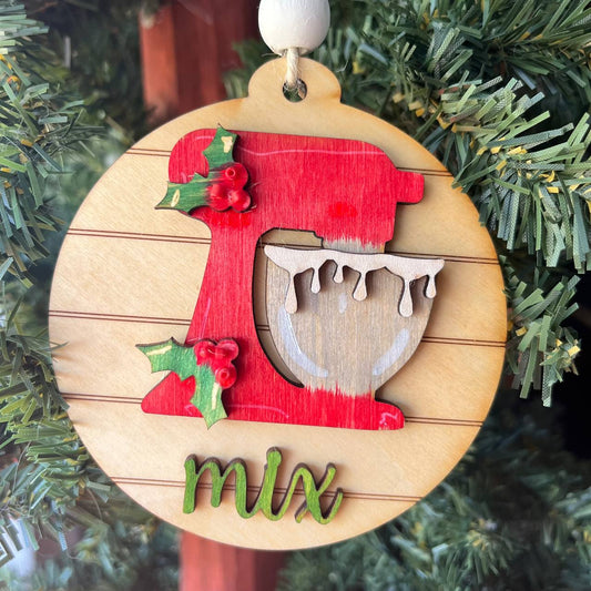 “Mix” Holiday Baking Ornament – 3.25" Round Layered Wood Stand Mixer Tree Decoration – Farmhouse Kitchen Christmas Ornament