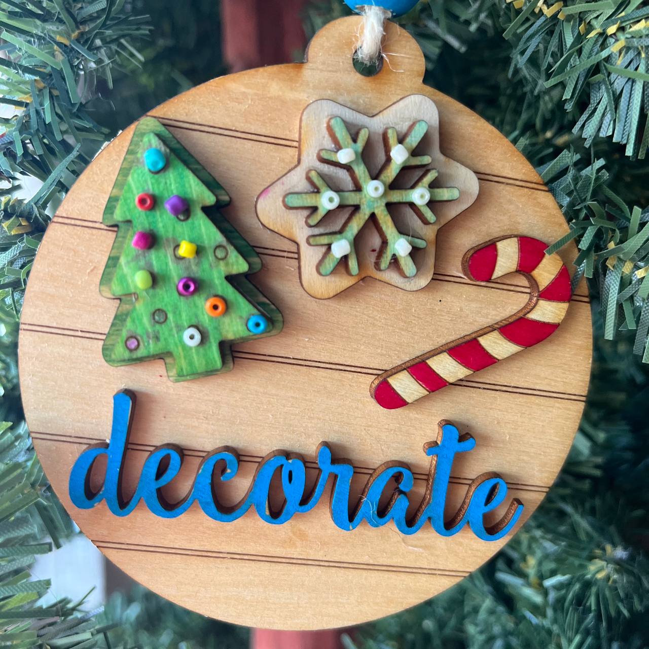 “Decorate” Christmas Cookie Ornament – 3.25" Round Layered Wood Holiday Baking Tree Decoration with Iced Cookies