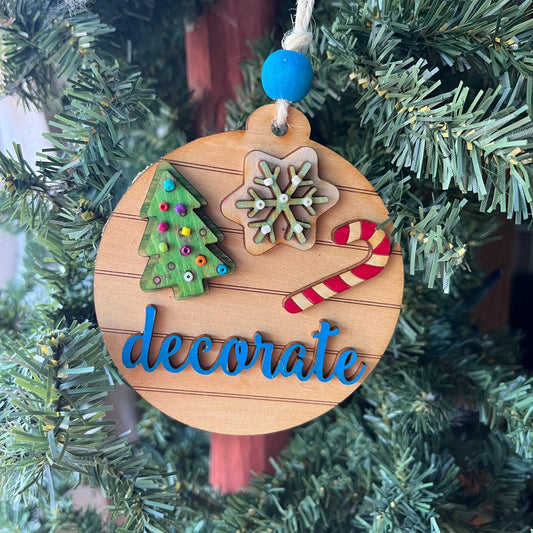 “Decorate” Christmas Cookie Ornament – 3.25" Round Layered Wood Holiday Baking Tree Decoration with Iced Cookies
