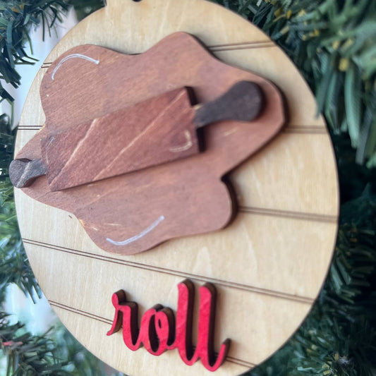 “Roll” Rolling Pin Ornament – 3.25" Round Layered Wood Dough Christmas Tree Decor – Rustic Baking Ornament