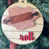 “Roll” Rolling Pin Ornament – 3.25" Round Layered Wood Dough Christmas Tree Decor – Rustic Baking Ornament