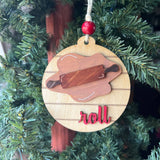 “Roll” Rolling Pin Ornament – 3.25" Round Layered Wood Dough Christmas Tree Decor – Rustic Baking Ornament