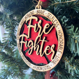 Firefighter Ornament – 3.25" Round Layered Wood Christmas Ornament – Hero Tribute with Maltese Cross & Fire Fighter Script