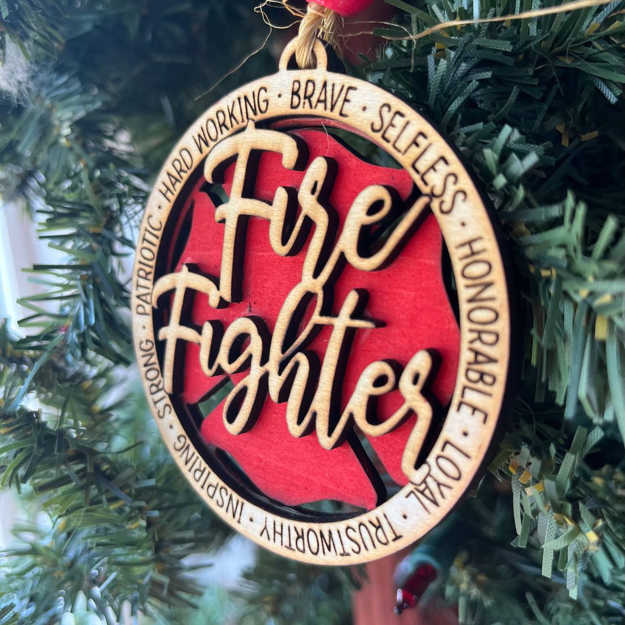Firefighter Ornament – 3.25" Round Layered Wood Christmas Ornament – Hero Tribute with Maltese Cross & Fire Fighter Script