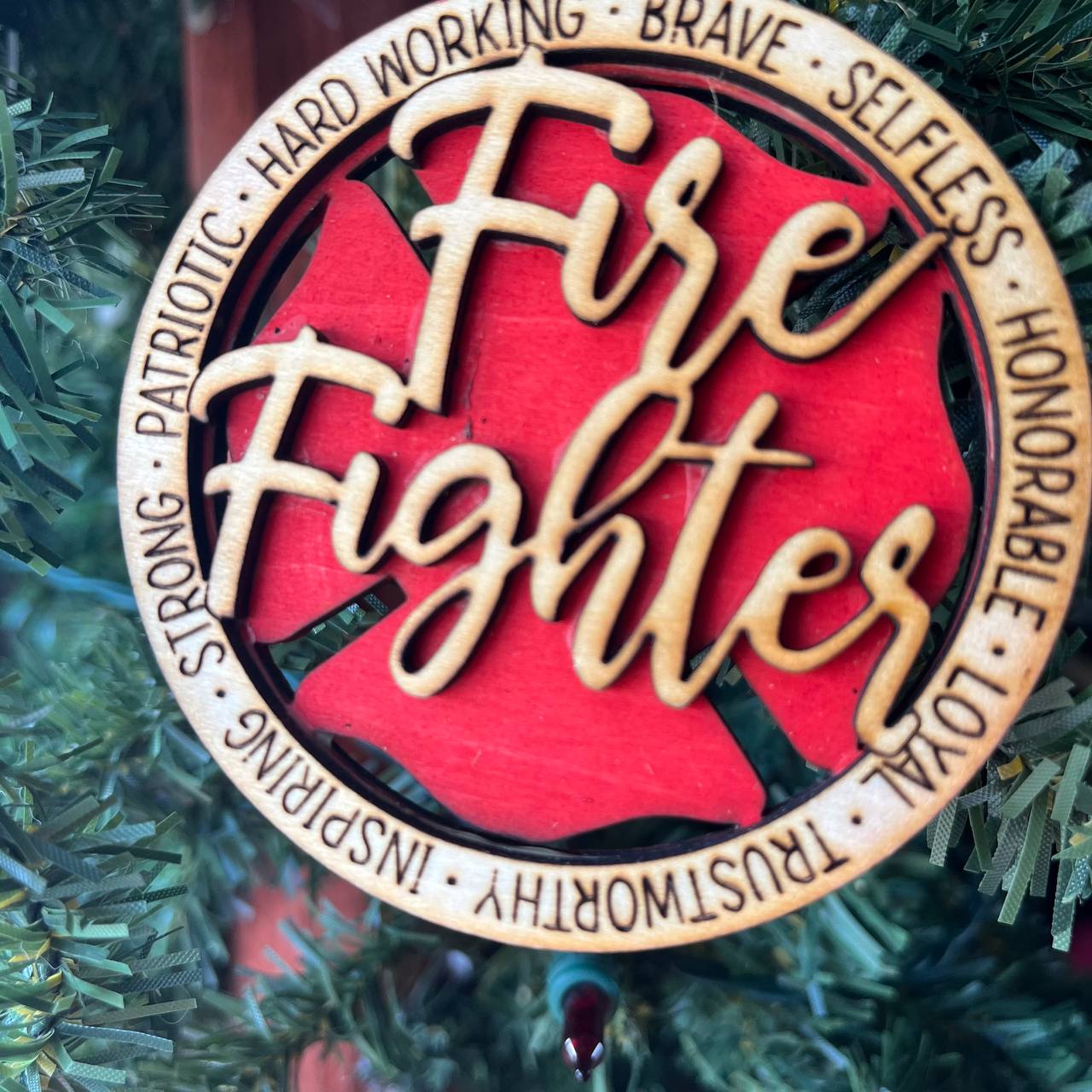 Firefighter Ornament – 3.25" Round Layered Wood Christmas Ornament – Hero Tribute with Maltese Cross & Fire Fighter Script