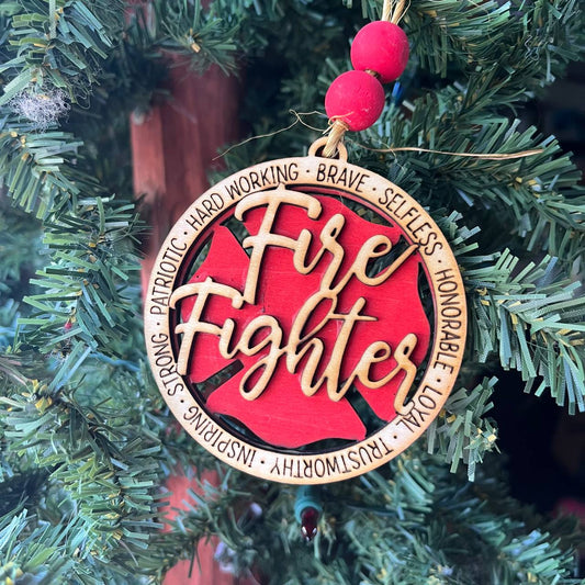 Firefighter Ornament – 3.25" Round Layered Wood Christmas Ornament – Hero Tribute with Maltese Cross & Fire Fighter Script