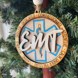 EMT Ornament – 3.25" Round Layered Wood Christmas Ornament – Star of Life Tribute for Emergency Medical Technicians