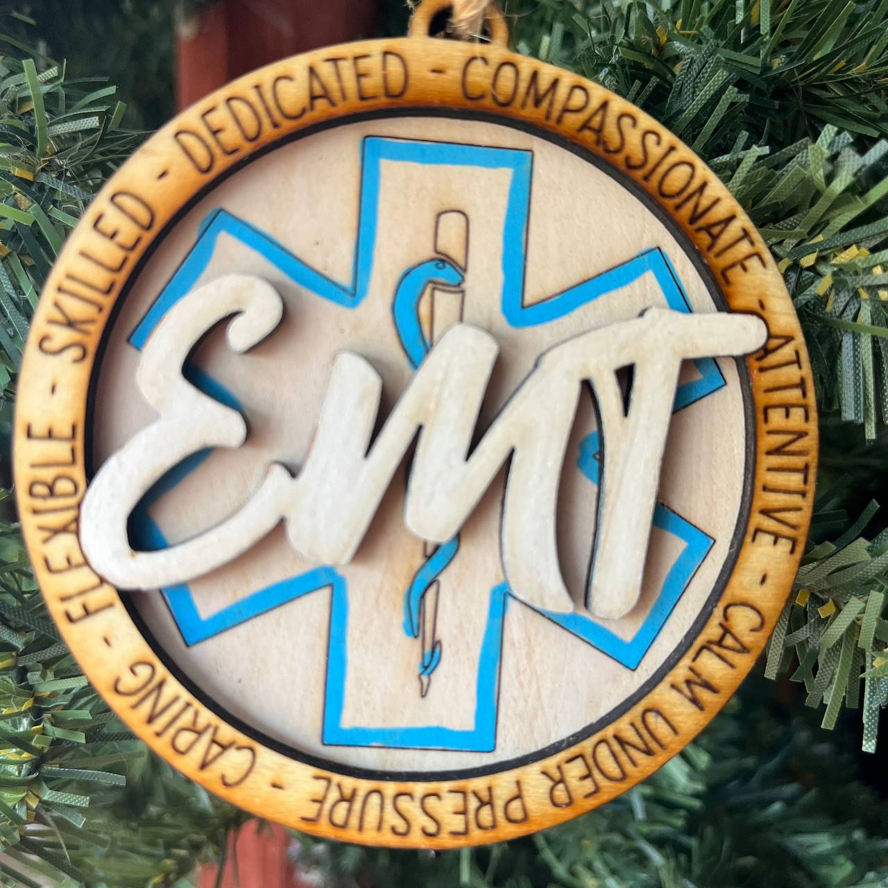 EMT Ornament – 3.25" Round Layered Wood Christmas Ornament – Star of Life Tribute for Emergency Medical Technicians
