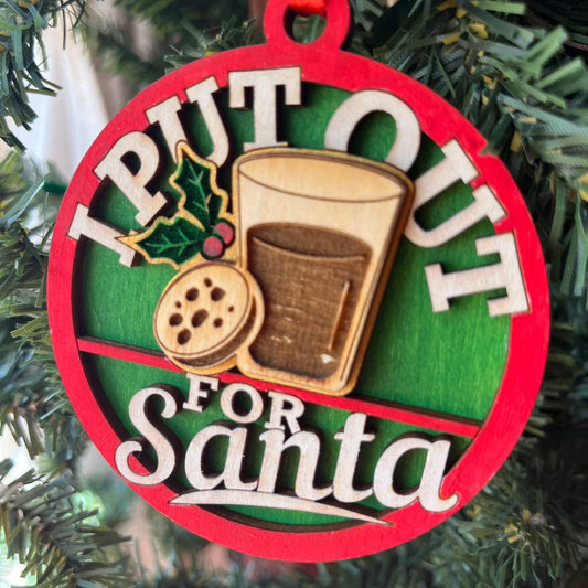 “I Put Out for Santa” Ornament – 3.25" Tall Layered Wood Funny Christmas Tree Decor – Cookies & Milk Ornament