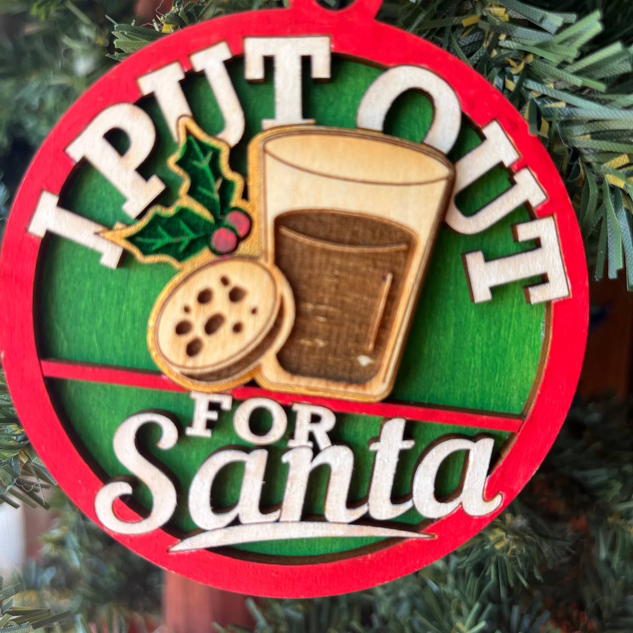 “I Put Out for Santa” Ornament – 3.25" Tall Layered Wood Funny Christmas Tree Decor – Cookies & Milk Ornament
