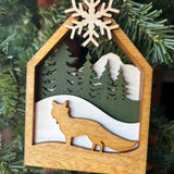 Woodland Fox Ornament – 5" Tall Layered Wood Forest Animal Christmas Tree Decor – Rustic Snowy Cabin Ornament