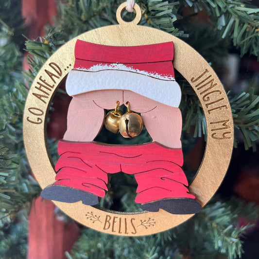 “Go Ahead… Jingle My Bells” Ornament – 3.5" Round Funny Layered Wood Christmas Decor with Real Jingle Bells