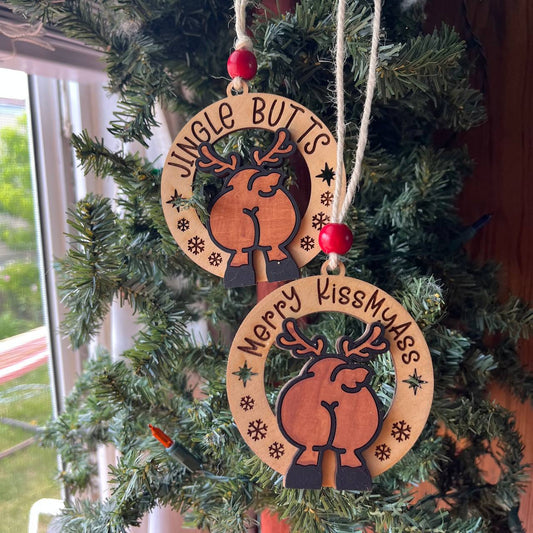Funny Reindeer Butt Ornaments – “Merry KissMyAss” & “Jingle Butts” – 3.25" Layered Wood Christmas Tree Decor