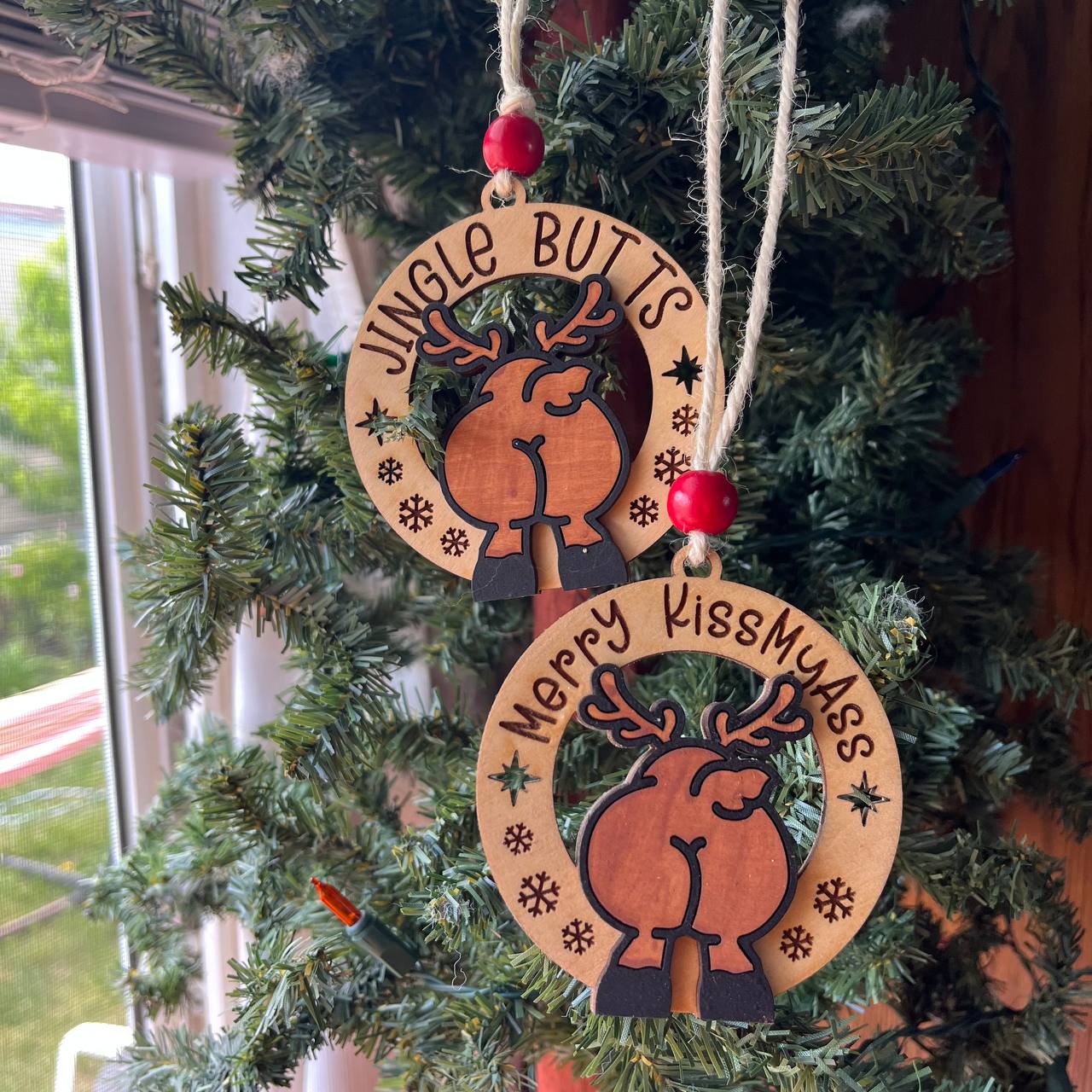 Funny Reindeer Butt Ornaments – “Merry KissMyAss” & “Jingle Butts” – 3.25" Layered Wood Christmas Tree Decor
