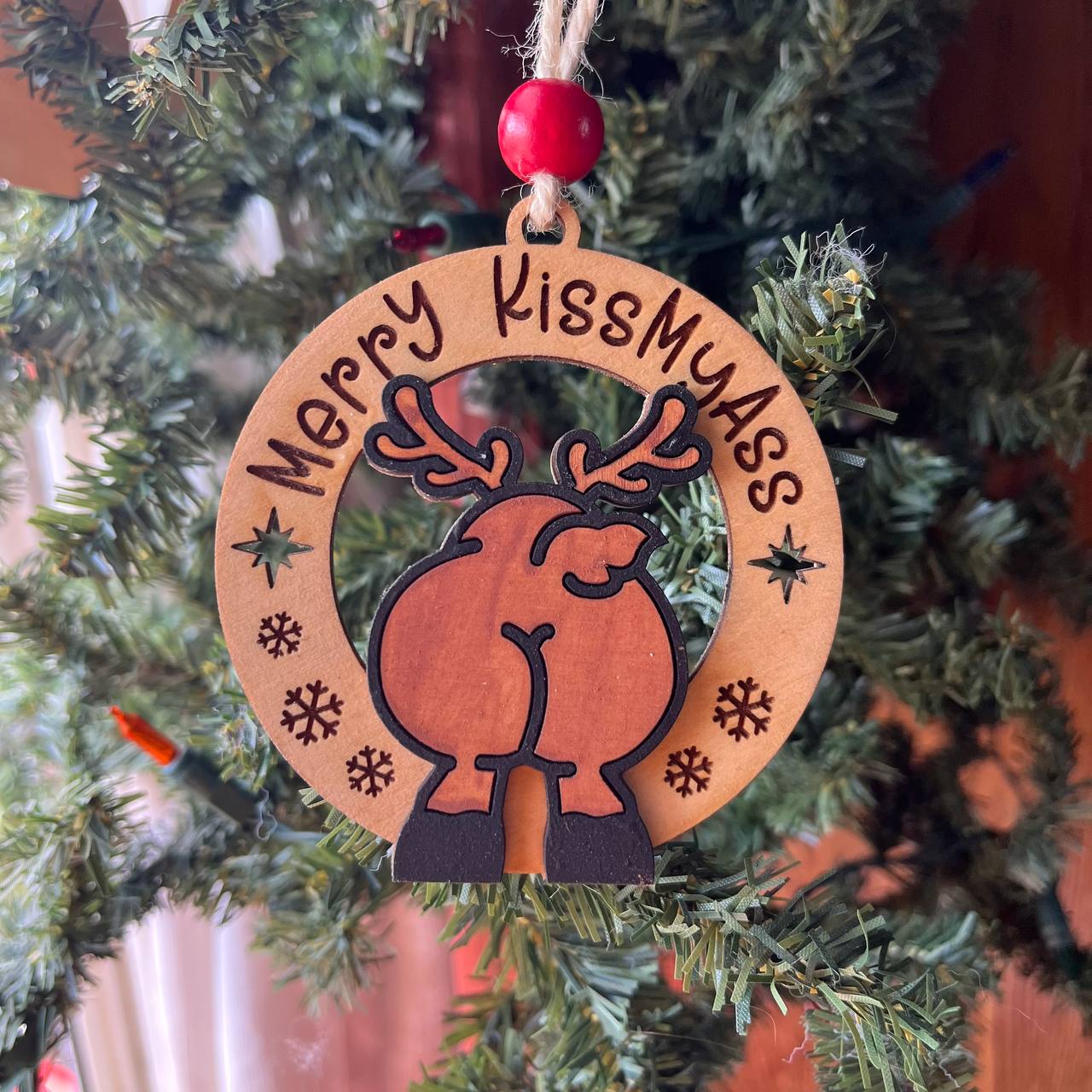 Funny Reindeer Butt Ornaments – “Merry KissMyAss” & “Jingle Butts” – 3.25" Layered Wood Christmas Tree Decor