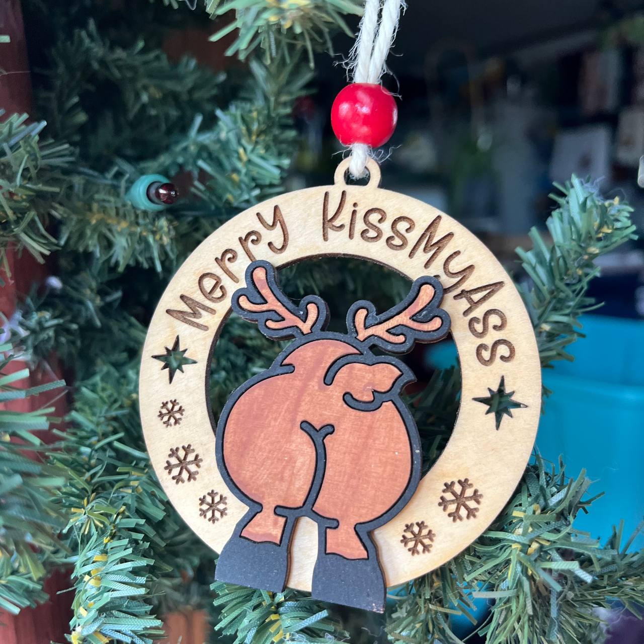 Funny Reindeer Butt Ornaments – “Merry KissMyAss” & “Jingle Butts” – 3.25" Layered Wood Christmas Tree Decor