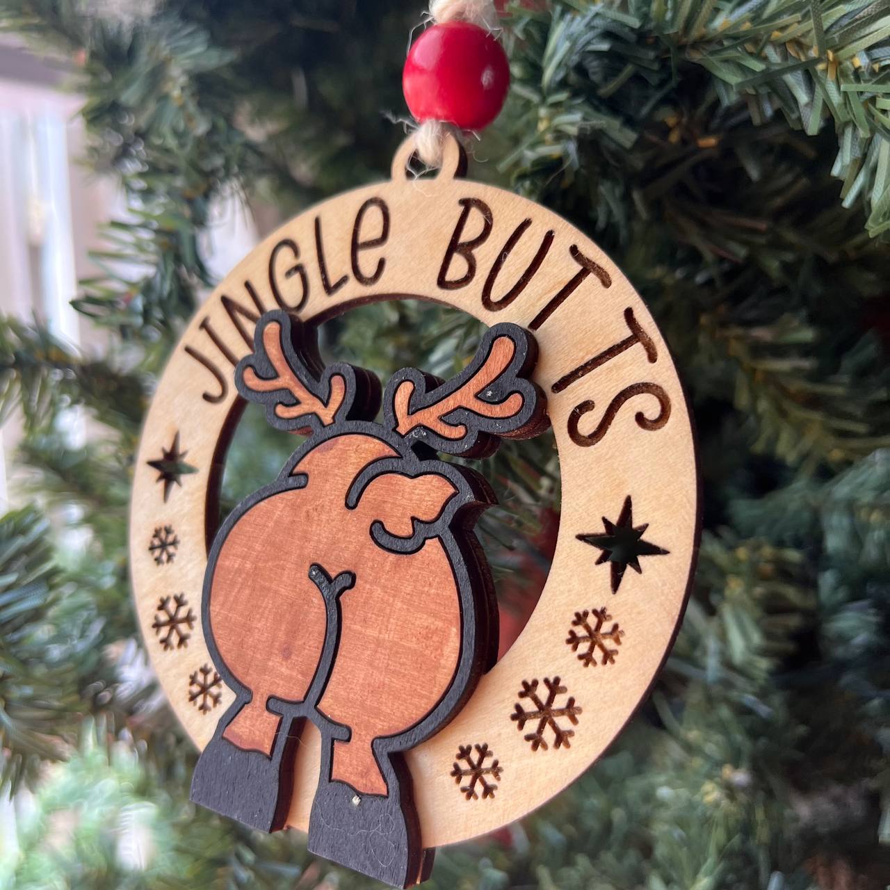 Funny Reindeer Butt Ornaments – “Merry KissMyAss” & “Jingle Butts” – 3.25" Layered Wood Christmas Tree Decor