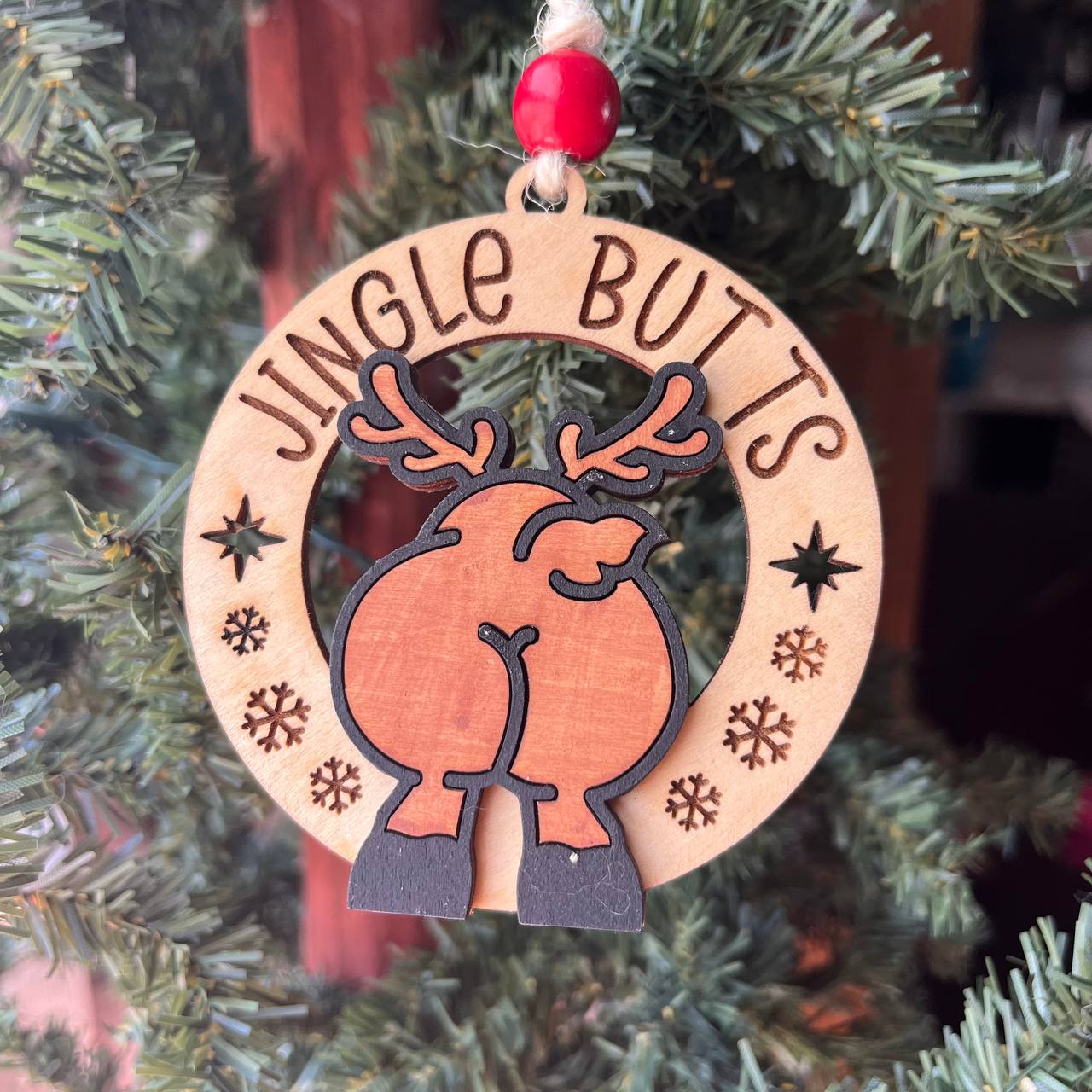 Funny Reindeer Butt Ornaments – “Merry KissMyAss” & “Jingle Butts” – 3.25" Layered Wood Christmas Tree Decor