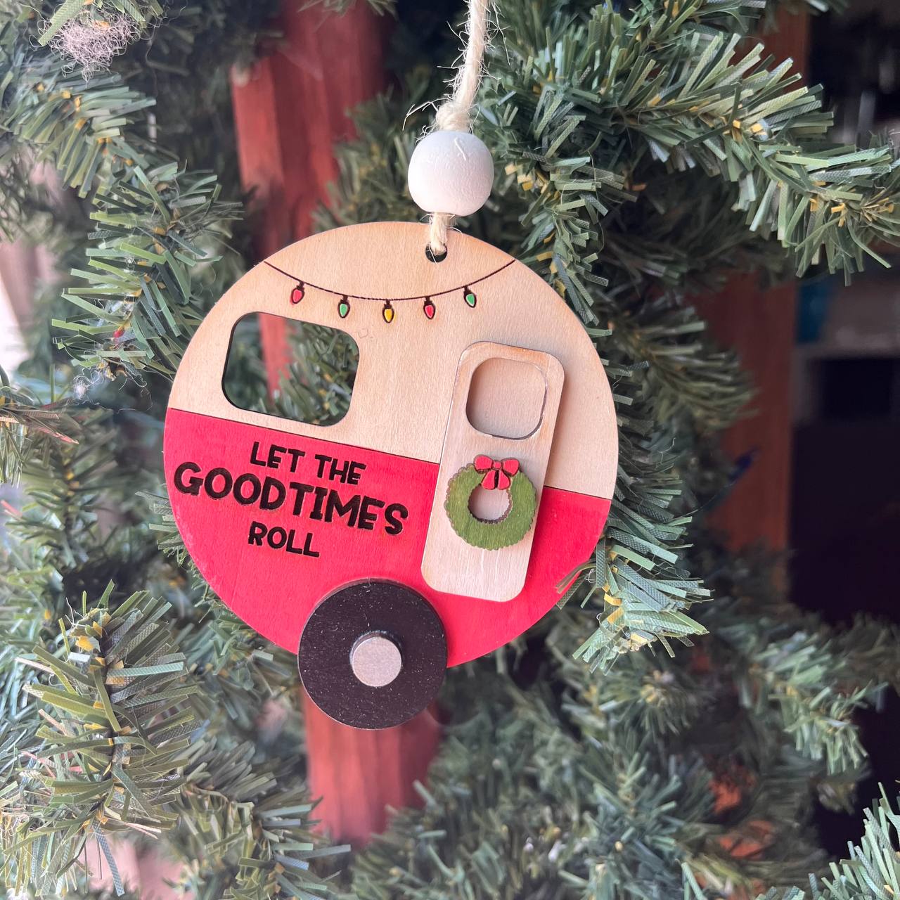 “Let the Good Times Roll” Camper Ornament – 3.25" Round Layered Wood Christmas Tree Decor – Camping Holiday Ornament