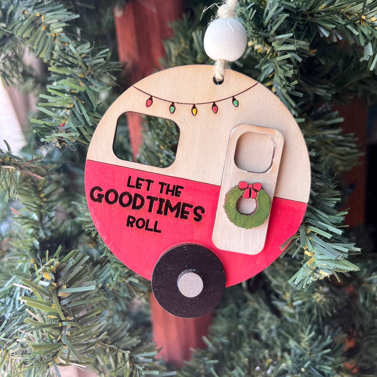 “Let the Good Times Roll” Camper Ornament – 3.25" Round Layered Wood Christmas Tree Decor – Camping Holiday Ornament