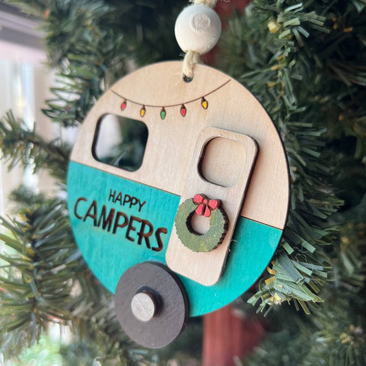 “Happy Campers” Ornament – 3.25" Round Layered Wood Camper Christmas Tree Decor – Holiday Camping Ornament