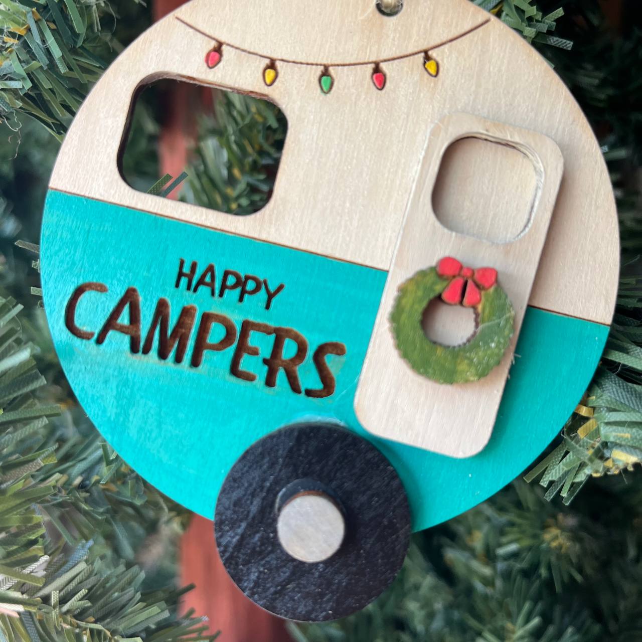 “Happy Campers” Ornament – 3.25" Round Layered Wood Camper Christmas Tree Decor – Holiday Camping Ornament