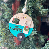 “Happy Campers” Ornament – 3.25" Round Layered Wood Camper Christmas Tree Decor – Holiday Camping Ornament
