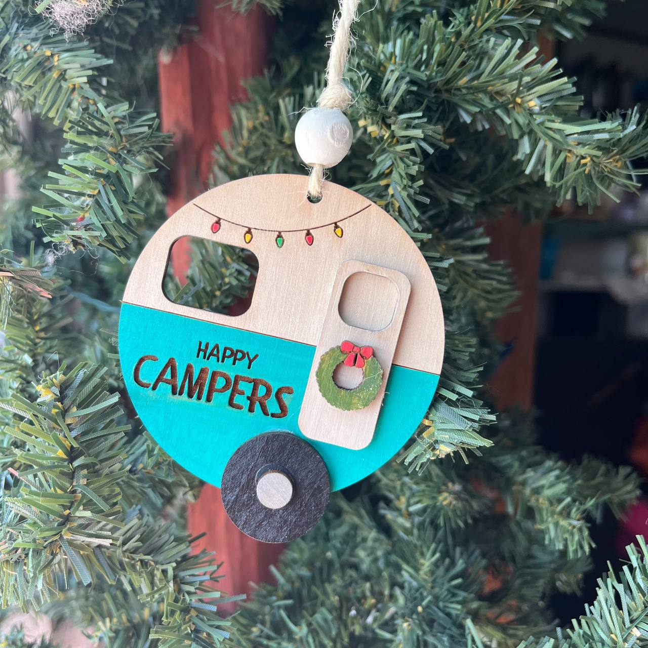 “Happy Campers” Ornament – 3.25" Round Layered Wood Camper Christmas Tree Decor – Holiday Camping Ornament
