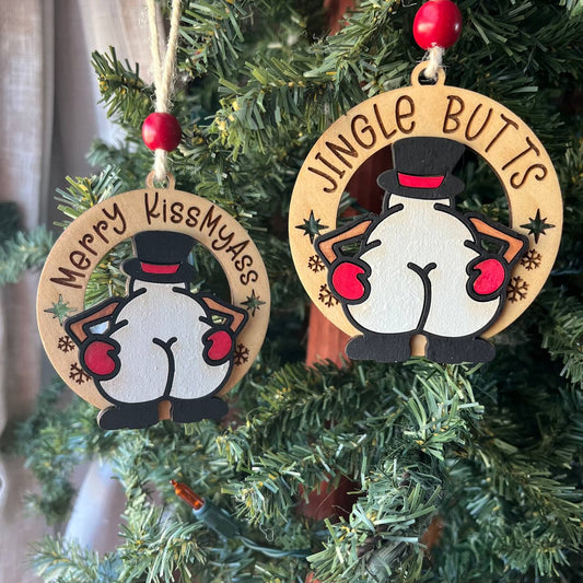 Funny Snowman Butt Ornaments – "Merry KissMyAss" & "Jingle Butts" – 3.25" Round Sassy Holiday Decor