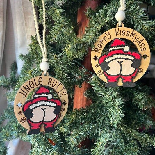 Funny Santa Butt Ornaments – "Jingle Butts" & "Merry KissMyAss" – 3.25" Sassy Christmas Decor Set