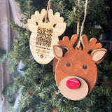 Rudolph QR Code Ornament – Wooden Reindeer Christmas Ornament with Scannable Music Link – Run Rudolph Run Holiday Tree Decor – 4" Tall