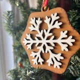 Rustic Snowflake Ornament – White Winter Snowflake on Caramel Wood – Farmhouse Christmas Tree Decoration – 3.25" Wooden Holiday Ornament
