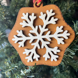 Rustic Snowflake Ornament – White Winter Snowflake on Caramel Wood – Farmhouse Christmas Tree Decoration – 3.25" Wooden Holiday Ornament