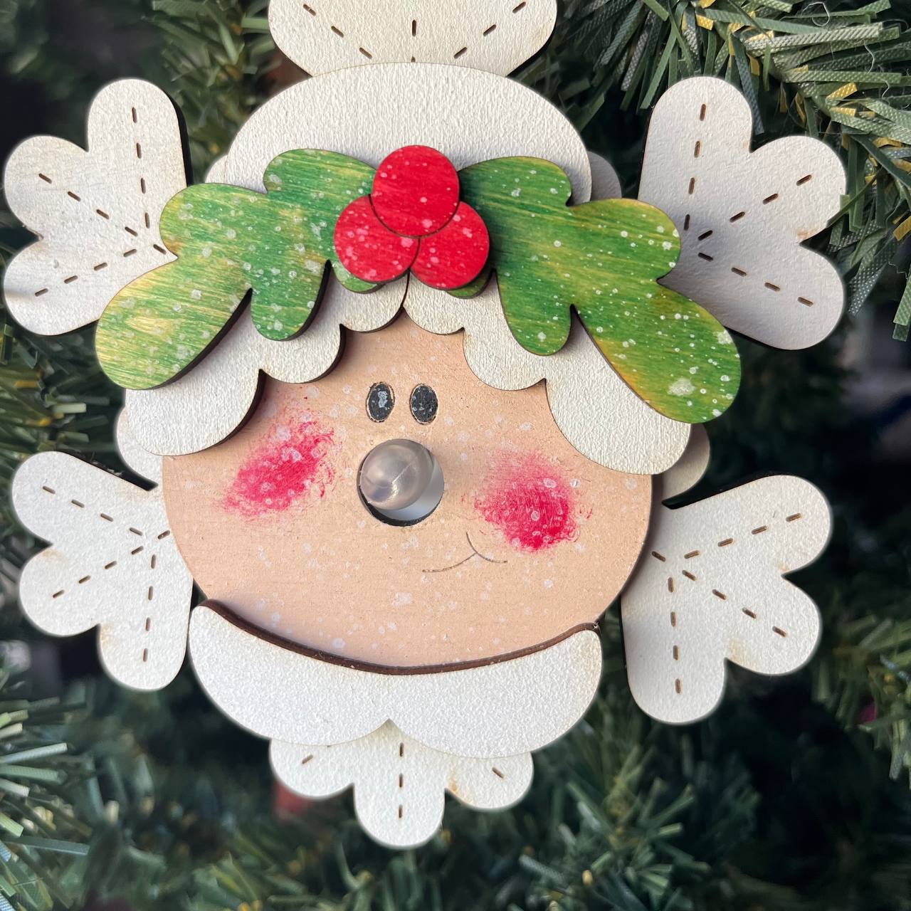 Ms. Claus Tealight Christmas Ornament – Light-Up Nose Wooden Ornament – Glowing LED Holiday Decoration – 4" Rustic Layered Christmas Tree Ornament