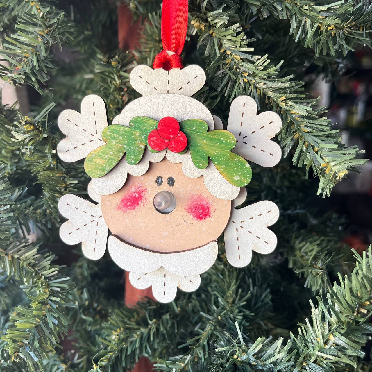 Ms. Claus Tealight Christmas Ornament – Light-Up Nose Wooden Ornament – Glowing LED Holiday Decoration – 4" Rustic Layered Christmas Tree Ornament