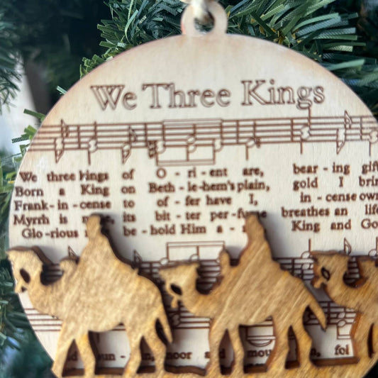 We Three Kings Ornament – Layered Wood Nativity Ornament – Christian Christmas Decor – Sheet Music Ornament – Religious Holiday Gift – 3.25” Round
