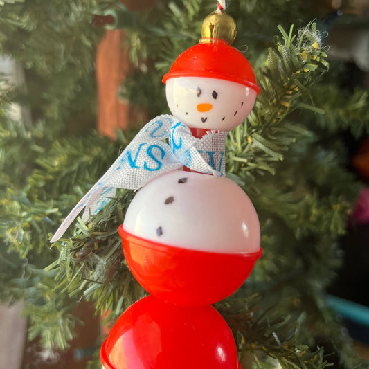 Fishing Bobber Snowman Ornament – 6" Tall Outdoor Holiday Decor for Fishermen, Campers & Rustic Christmas Trees