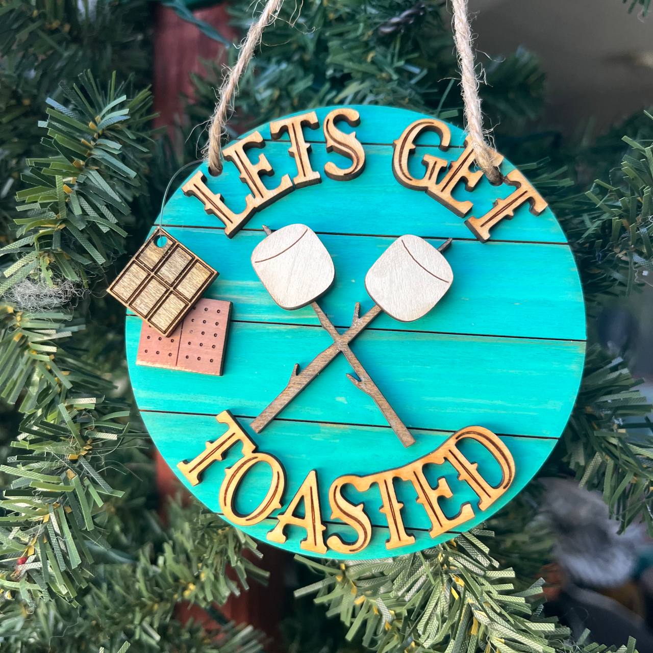 Funny Camping Ornament – “Let’s Get Toasted” S’mores Marshmallow Design – Rustic Campfire Christmas Decor – 3.25" Round