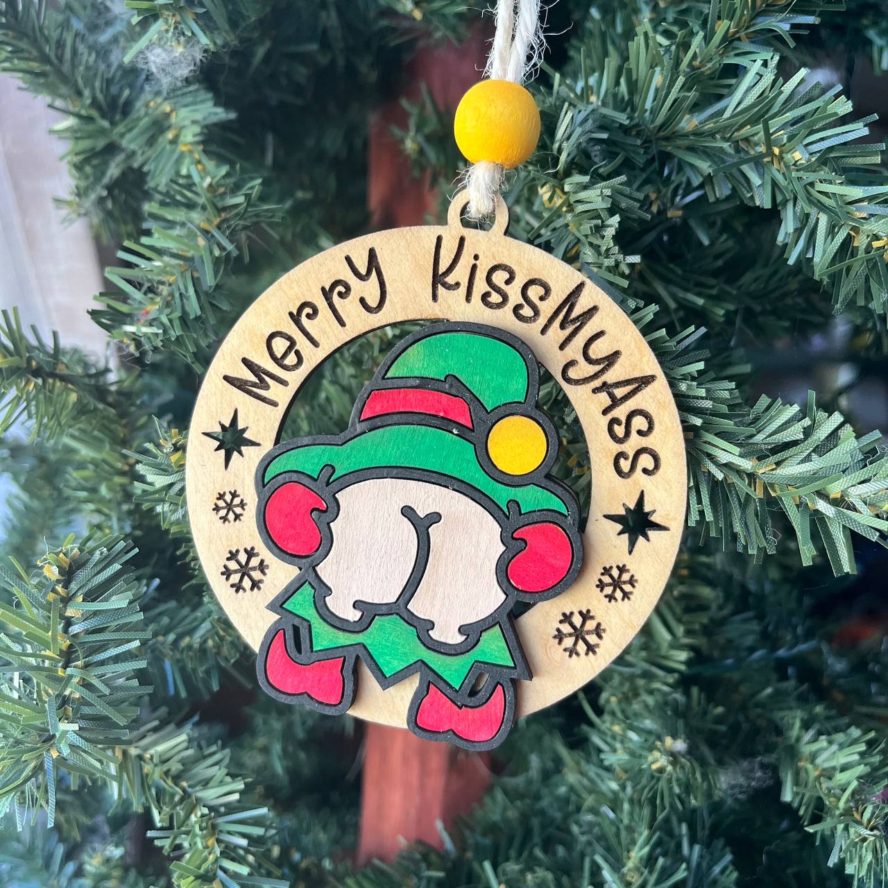 Funny Elf Butt Ornaments – “Merry KissMyAss” & “Jingle Butts” – 3.25" Round Christmas Tree Humor