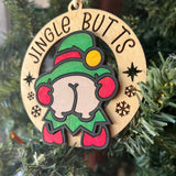 Funny Elf Butt Ornaments – “Merry KissMyAss” & “Jingle Butts” – 3.25" Round Christmas Tree Humor