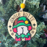 Funny Elf Butt Ornaments – “Merry KissMyAss” & “Jingle Butts” – 3.25" Round Christmas Tree Humor