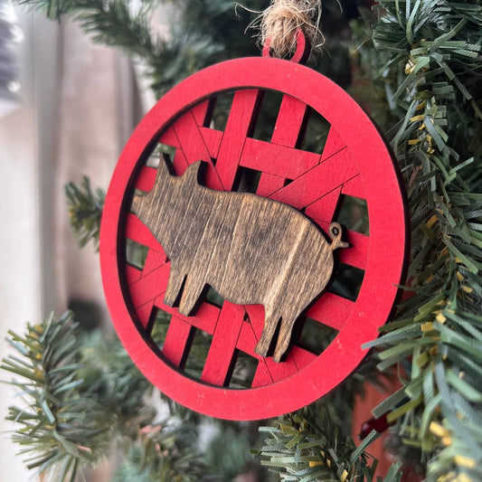 Rustic Pig Ornament – Red Barn Lattice Farmhouse Christmas Tree Decoration – 3.25" Round Wooden Hog Ornament – Country Farm Animal Holiday Gift
