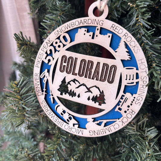 Colorado State Ornament – 3.25” Round Laser Cut Mountain Scene Christmas Decoration | Colorado Gift for Hikers, Skiers, Nature Lovers & Travelers
