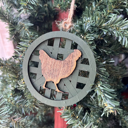 Rustic Chicken Ornament – Farmhouse Hen Holiday Tree Decor – 3.25" Round Wooden Chicken Ornament for Country Christmas – Green Basket Weave Background