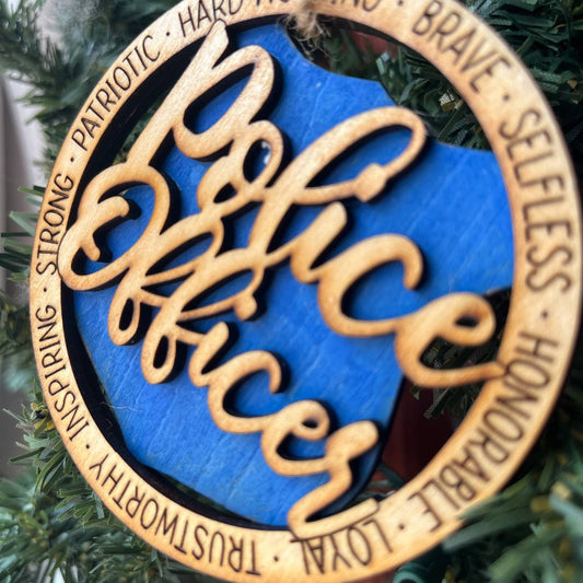 Police Officer Christmas Ornament – Rustic Wood Law Enforcement Tree Decoration – 3.25" Round Handmade Honor Badge Keepsake