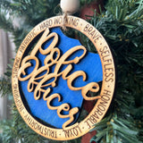 Police Officer Christmas Ornament – Rustic Wood Law Enforcement Tree Decoration – 3.25" Round Handmade Honor Badge Keepsake