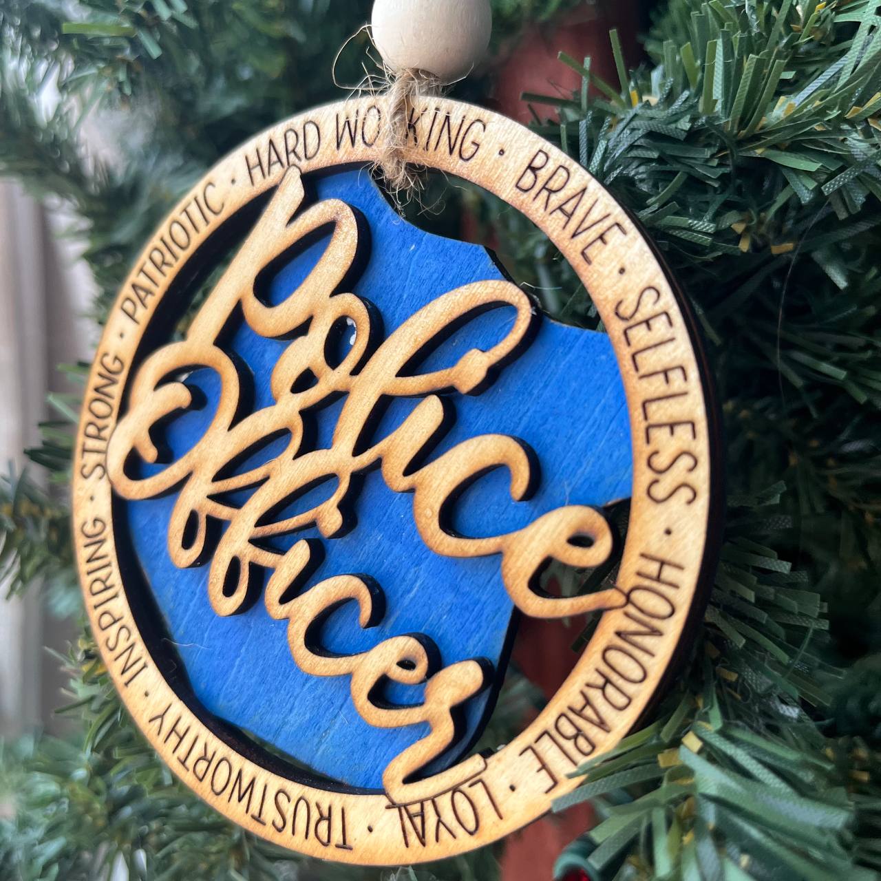 Police Officer Christmas Ornament – Rustic Wood Law Enforcement Tree Decoration – 3.25" Round Handmade Honor Badge Keepsake