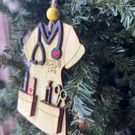 Scrub Life Nurse Ornament – Handmade Wood Medical Christmas Decoration for Nurses, CNAs, and Healthcare Workers – 4" Tall Scrubs Tree Ornament